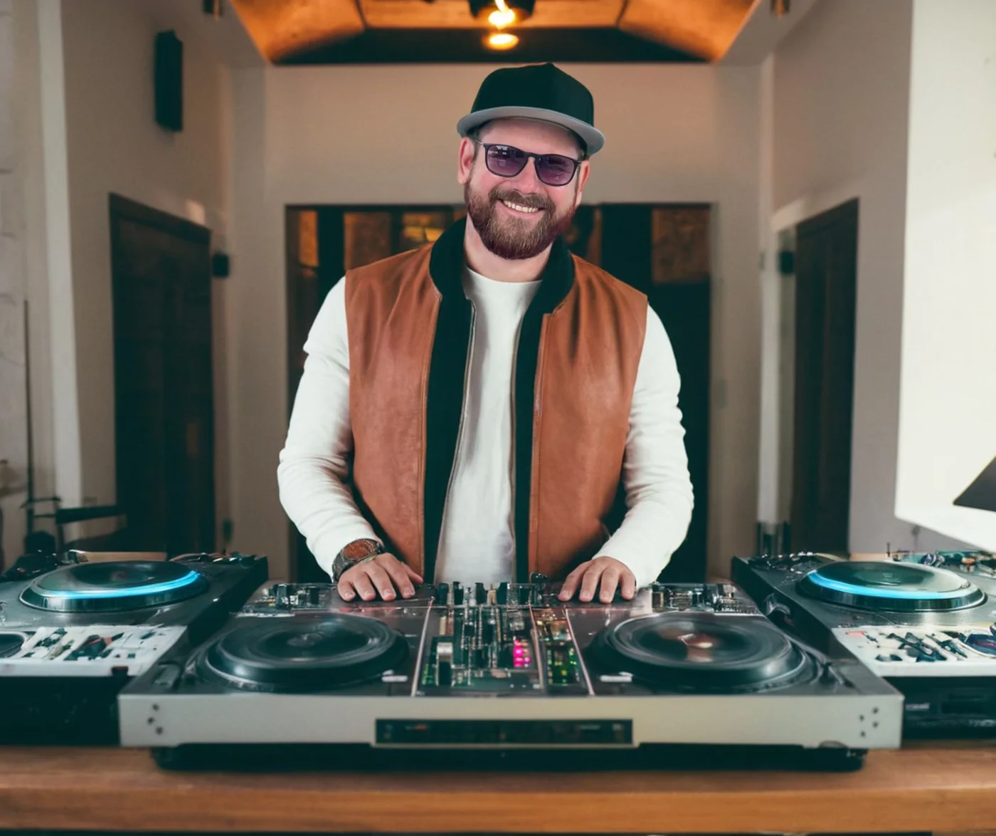 Andreas Neß, Gründer von Lauschender Klang, lächelnd am DJ-Mischpult