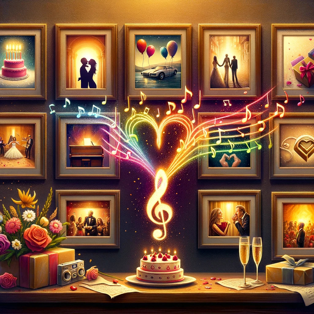 Grafik welches mögliche Gründe eines persönlichen Songs oder Liedes sind wie Hochzeiten, Geburtstag oder ein neues Auto